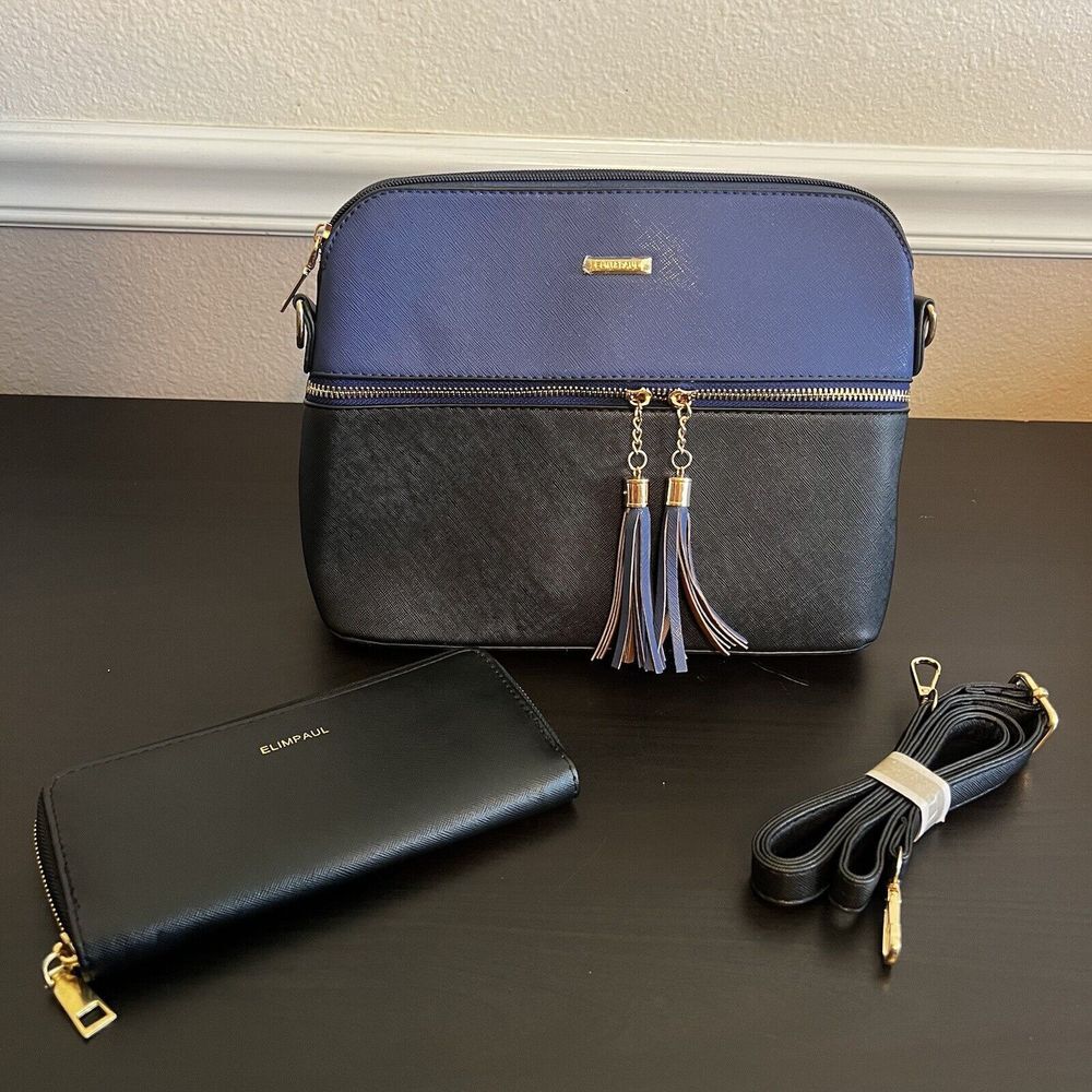 Elim & Paul Blue & Black Tote Crossbody Purse W/ Tassels Zippers & Wallet NWOT‎